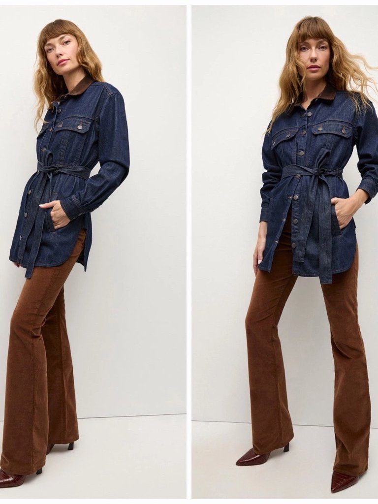 Veronica Beard Mikaela Belted Denim Shacket With Corduroy Collar Size Xl